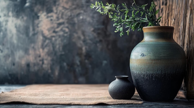 Vasos de cerámica artesanales con ramas verdes