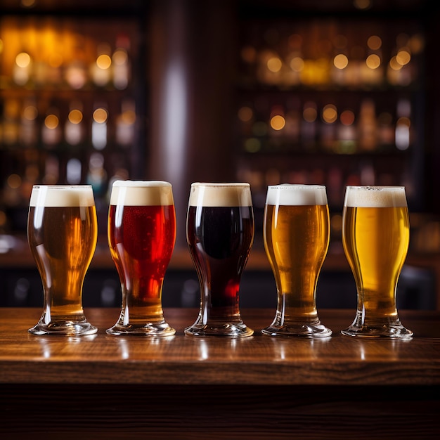 Vasos de cerveza de diferentes variedades se colocan en fila en la barra del bar.