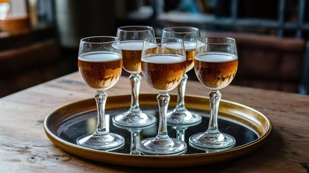 Foto los vasos de champán llenos de bebidas alcohólicas en la bandeja con reflejo en el espejo