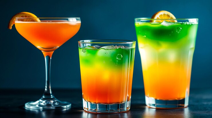 vasos de cócteles de diferentes colores con uno de ellos tiene una rebanada de lima en la parte superior
