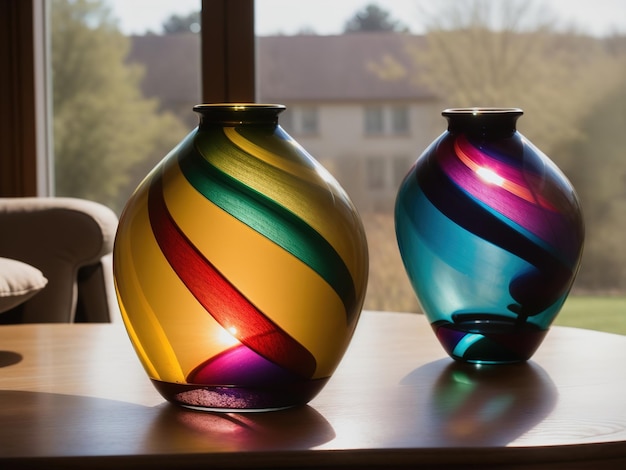 Foto vasos coloridos em uma mesa em uma sala de estar moderna ai generativo