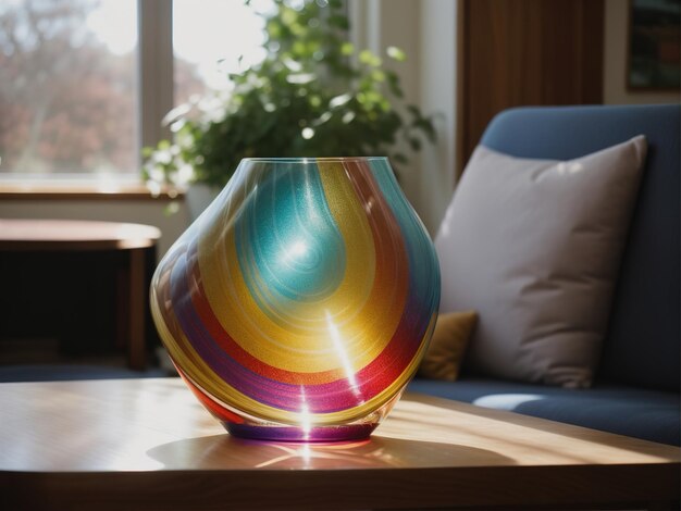 Vasos coloridos en una mesa en una sala de estar moderna ai generativo