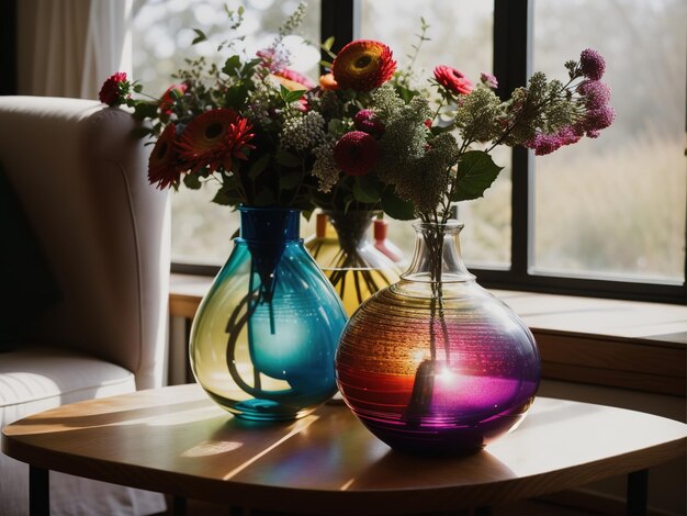 Foto vasos coloridos en una mesa en una sala de estar moderna ai generativo