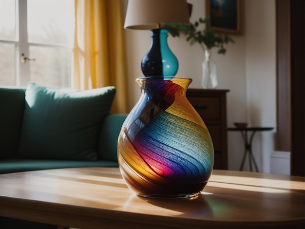 Vasos coloridos en una mesa en una sala de estar moderna ai generativo