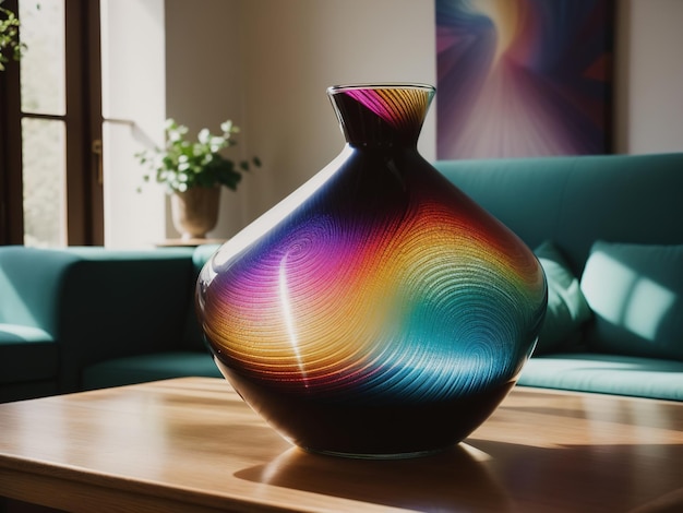 Vasos coloridos en una mesa en una sala de estar moderna ai generativo