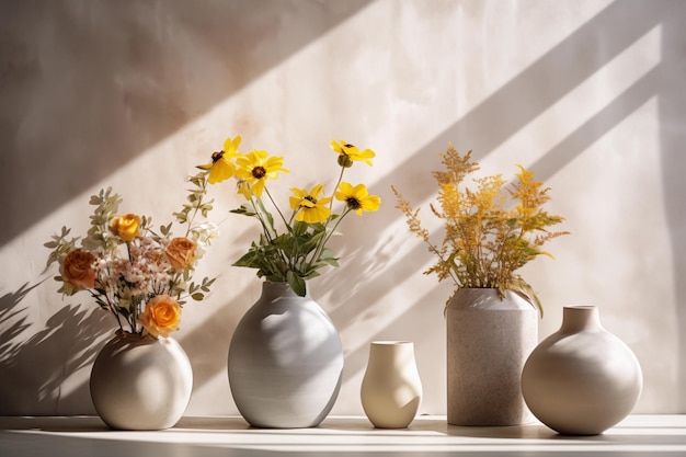 Vasos com flores em fundo texturizado AI Gerado