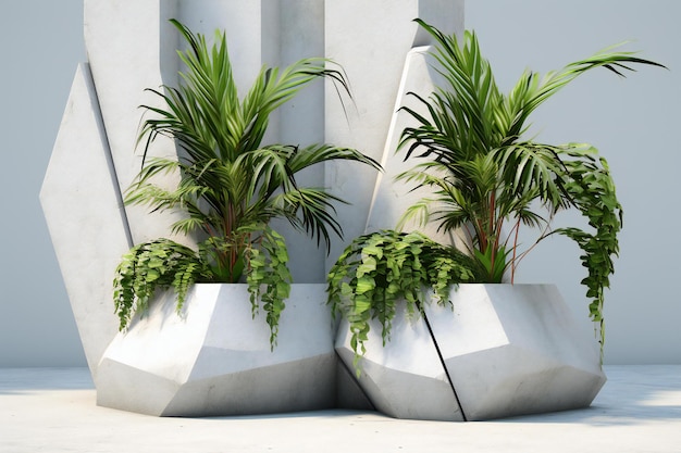 Vasos de concreto com plantas verdes em interiores modernos
