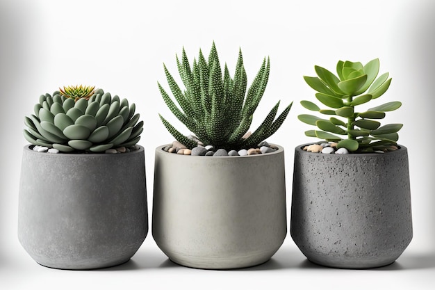 Vasos de concreto Três plantadores de concreto redondos contemporâneos vazios, vista superior isolada em branco