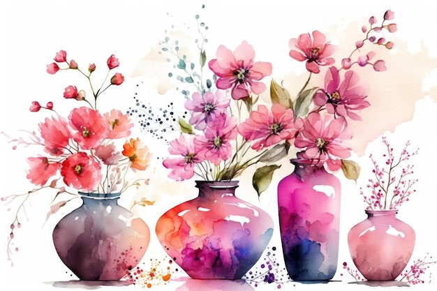 Vasos de flores rosa em aquarela