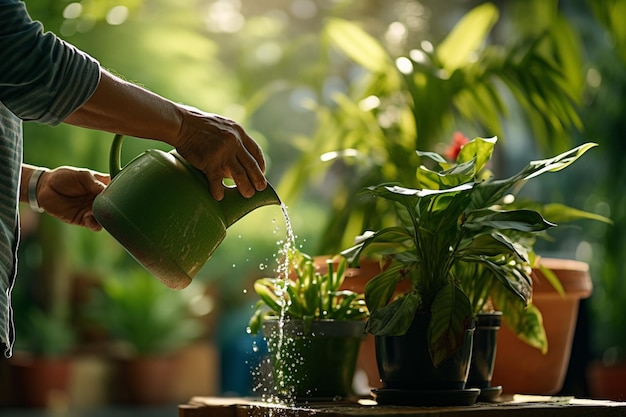 vasos de plantas de interior e regadores em fundo estilo bokeh