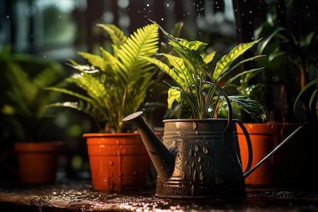 vasos de plantas de interior e regadores em fundo estilo bokeh