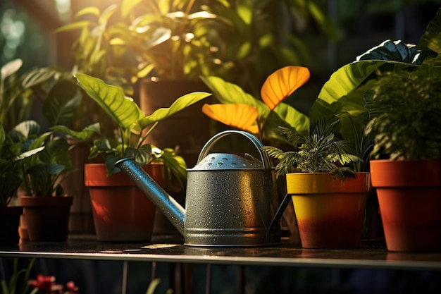 vasos de plantas de interior e regadores em fundo estilo bokeh