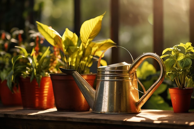 vasos de plantas de interior e regadores em fundo estilo bokeh