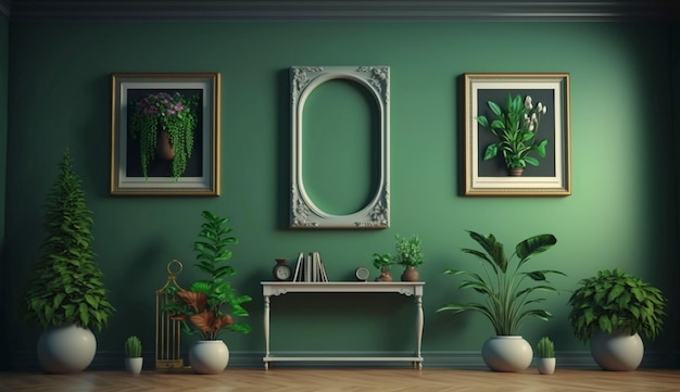 Vasos de plantas decoram sala de estar com paredes de cor verde com moldura de galeria de arte Generative Ai