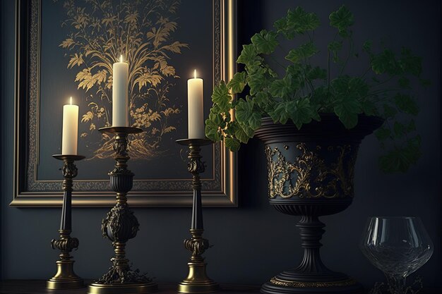 Vasos de plantas e castiçais servem como decoração de quarto