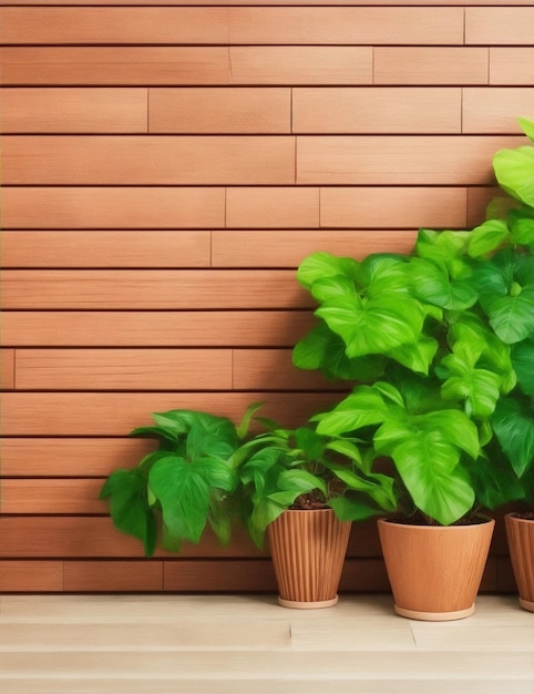 Foto vasos de plantas e ilustração de fundo de parede de madeira marrom