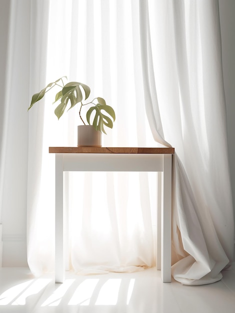 Vasos de plantas em cima da mesa no parapeito da janela com o conceito de minimalismo de cortinas brancas Generative AI