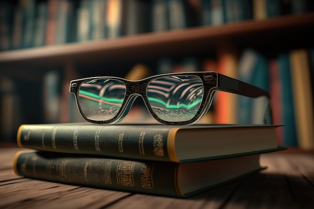 Los vasos están en una pila de libros sobre una mesa en la biblioteca Leyendo libros científicos o artísticos generados por IA