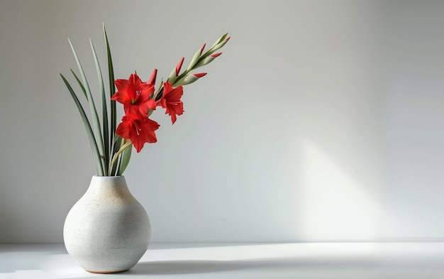 Vasos de gladiolos para una decoración elegante sobre un fondo blanco