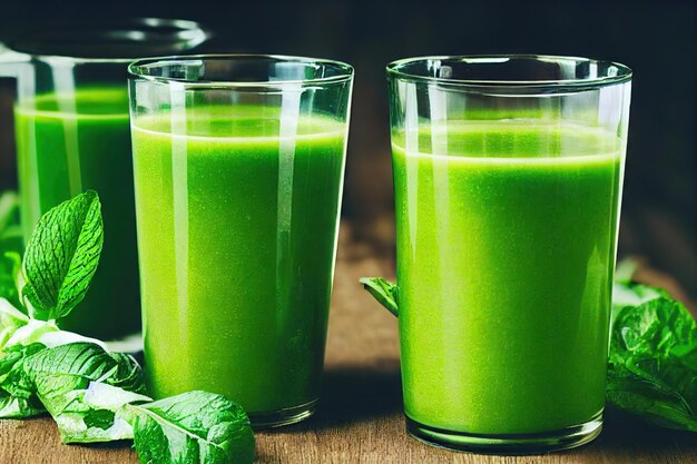 Vasos con jugo de desintoxicación saludable verde brillante en la mesa sobre fondo oscuro