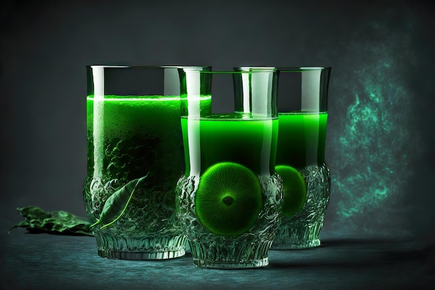 Vasos con jugo de desintoxicación saludable verde brillante en la mesa sobre fondo oscuro