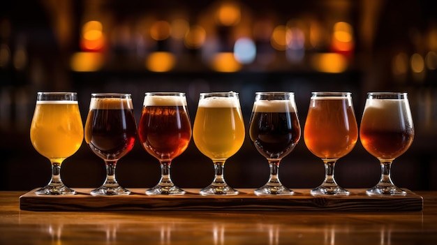 Vasos llenos de cerveza artesanal descansando sobre una barra de madera