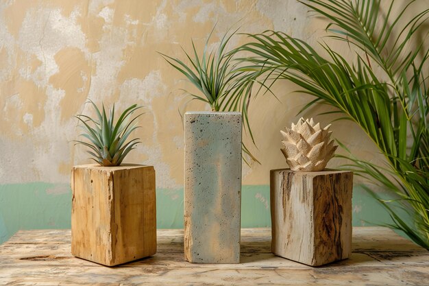 Foto vasos de madera con plantas en maceta en una mesa de madera