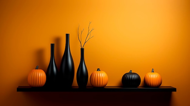 Vasos negros con calabazas en un estante sobre un fondo naranja concepto de Halloween