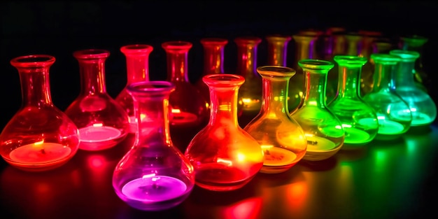 Los vasos de precipitados hipnóticos llenos de sustancias químicas radiantes fosforescentes muestran las maravillas iluminadoras de la ciencia.