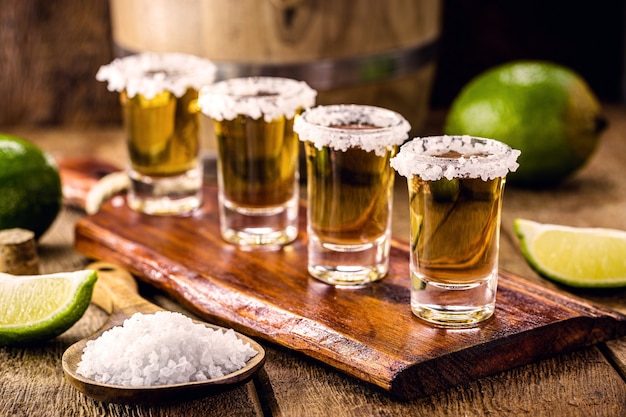 Vasos de tequila en la mesa de la barra, servidos con sal y limón.