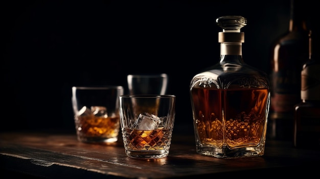Vasos de whisky en una mesa de madera Generative Ai