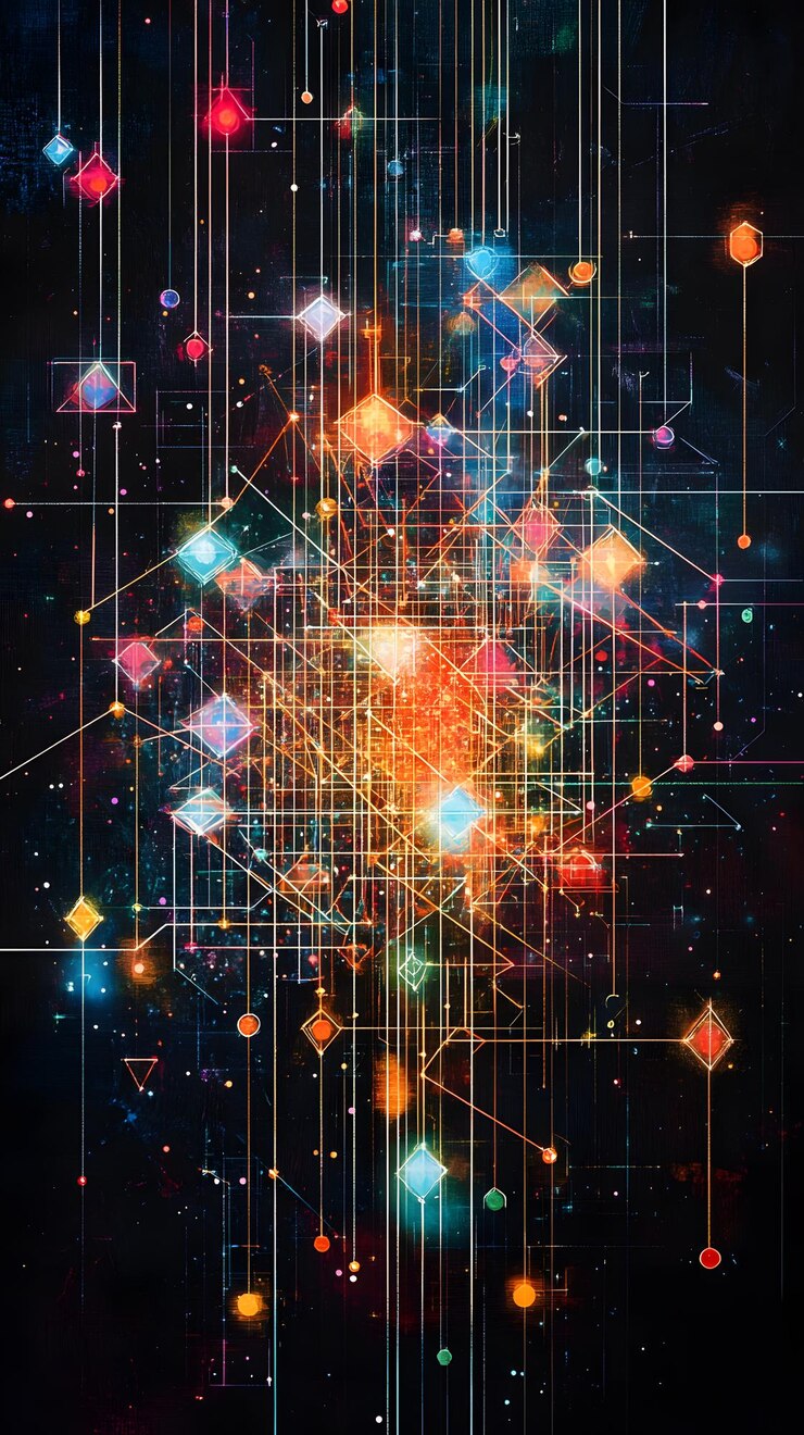 Foto una vasta cuadrícula de formas geométricas de neón que brillan en el ciberespacio que representan la conectividad de datos
