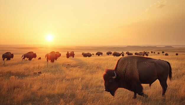 Foto una vasta escena de las grandes llanuras americanas al amanecer con bisontes