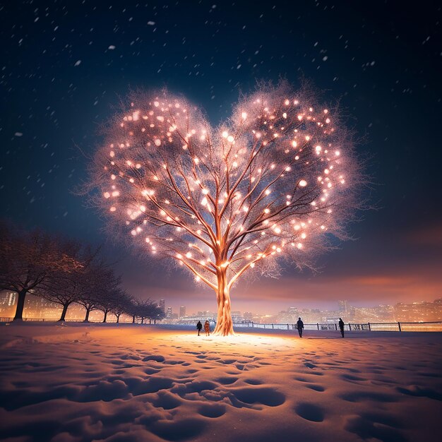Foto en una vasta extensión de nieve blanca se encuentra un árbol colosal