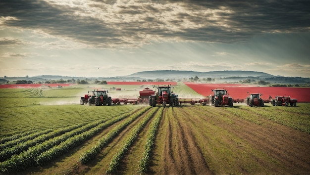 Una vasta granja agrícola con tractores de campos de cultivo IA generativa