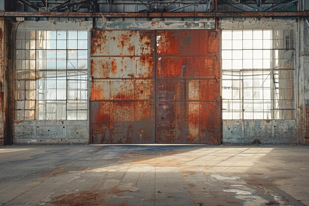 Foto en una vasta habitación vacía una gran puerta de metal oxidado está abierta generativo ai