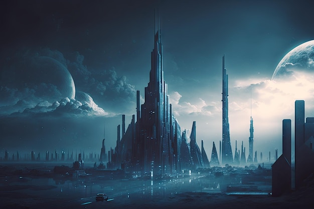 Vasta paisagem da cidade no futuro tom azul iluminação dramática Generative AI AIG15