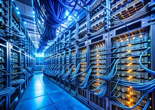 Una vasta red interconectada de servidores y cables zumbando con actividad