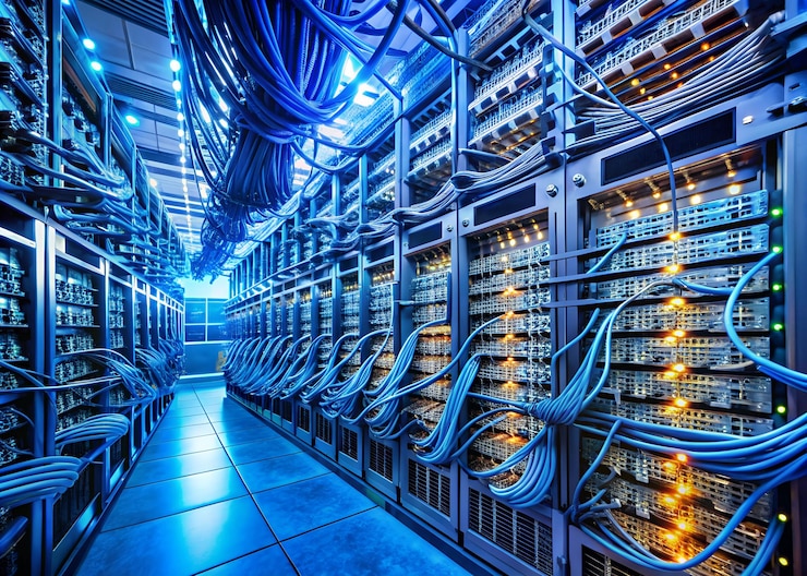 Una vasta red interconectada de servidores y cables zumbando con actividad