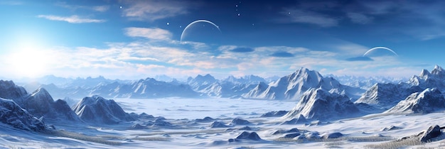 vasta terra de neve desolada grandes montanhas no fundo queda de neve com céu azul claro e cores azuis claros atmosfera pacífica AI Generative