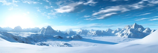 vasta terra desolada de neve grandes montanhas ao fundo queda de neve com céu azul claro e cores azuis claras atmosfera pacífica AI Generative