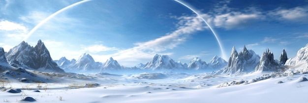 vasta tierra de nieve desolada grandes montañas en el fondo nevada con cielo azul claro y colores azul claro atmósfera pacífica AI generativa