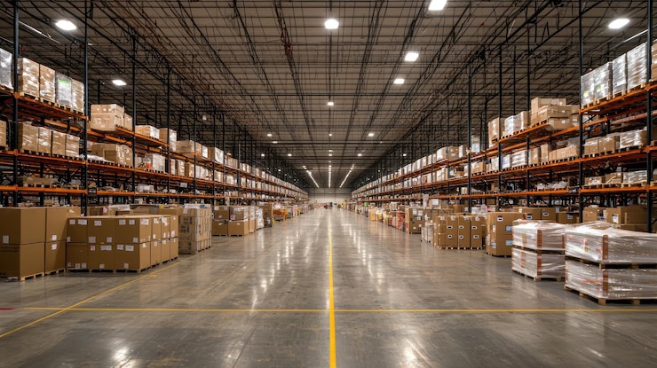 Foto vastas filas de paletas y cajas en el interior del almacén
