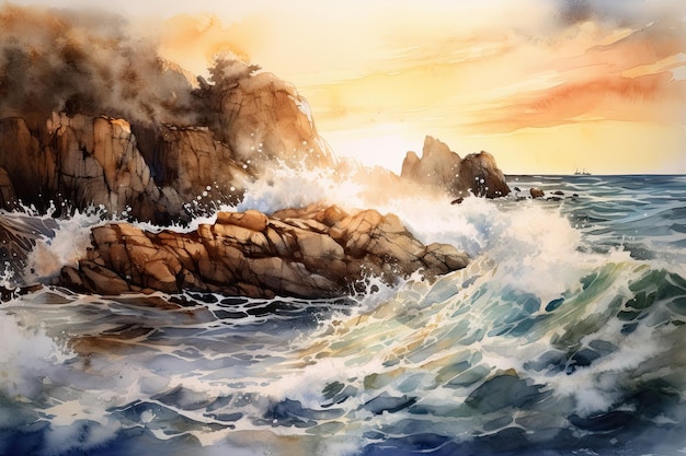Vastas olas del océano rompiendo contra crestas rocosas en un día de verano Una impresionante pintura de acuarela