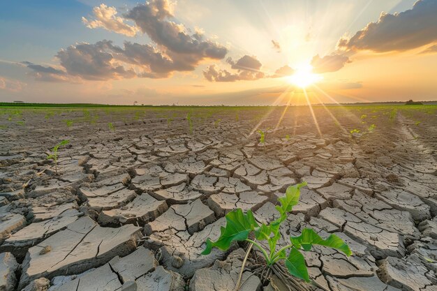 Vastas tierras de cultivo estériles bajo un sol abrasador con un cielo dramático en una temporada de sequía