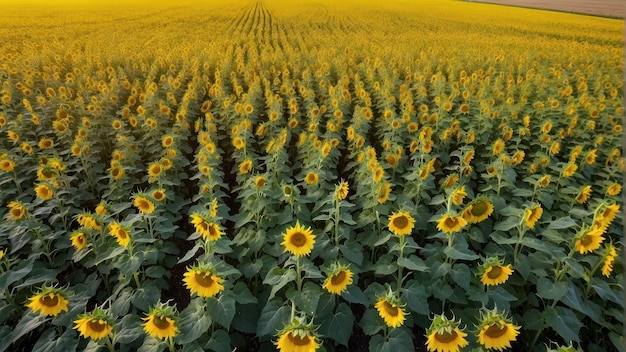 Un vasto campo de girasoles bajo un cielo nublado