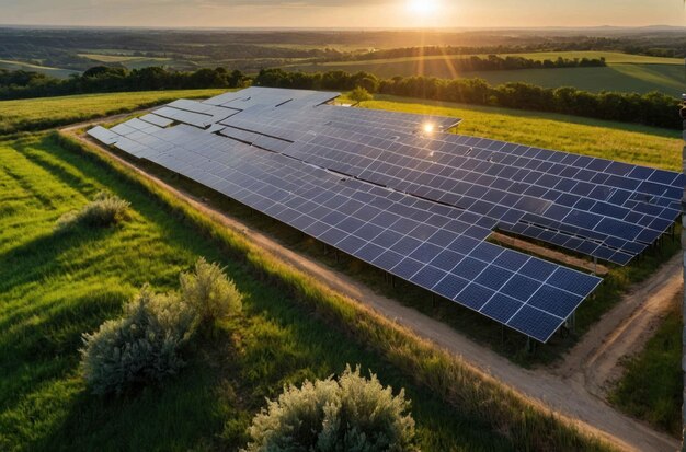 Un vasto campo de paneles solares al atardecer