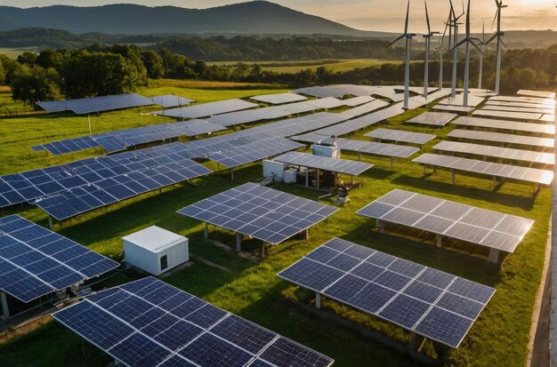 Un vasto campo de paneles solares al atardecer