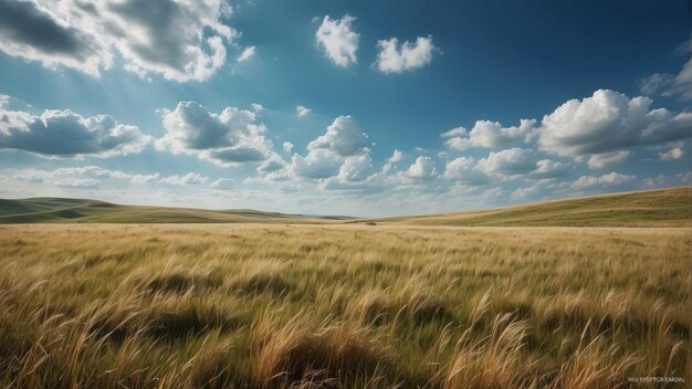 Un vasto campo de trigo dorado bajo el cielo azul