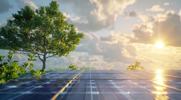 Foto un vasto conjunto de paneles solares captura los rayos dorados del sol poniéndose destacando el potencial de energía renovable contra un cielo dramático